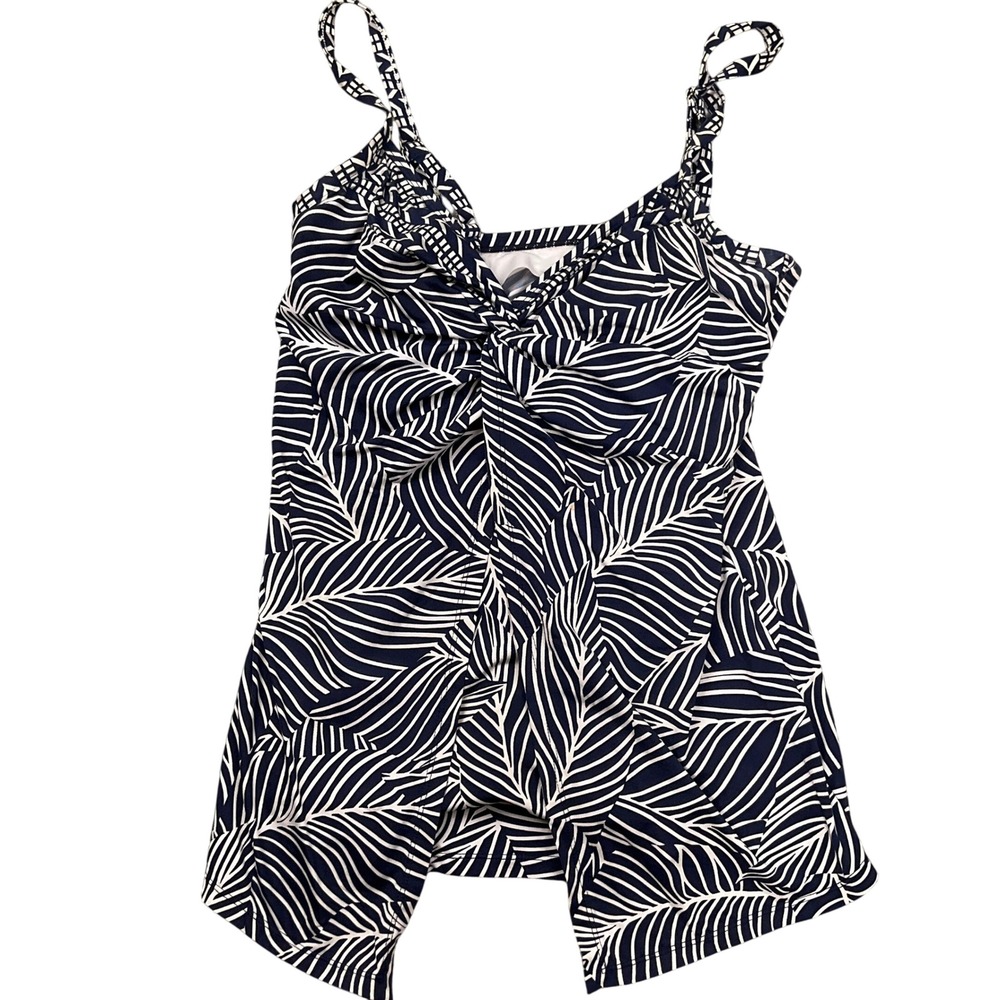 Miraclesuit Tankini Top Womens 10 Navy Blue Palm Leaf Love Knot Twist Lagenlook